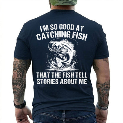 Forest Green T-shirt back with splashing bass and distressed Fish Tell Stories back graphic