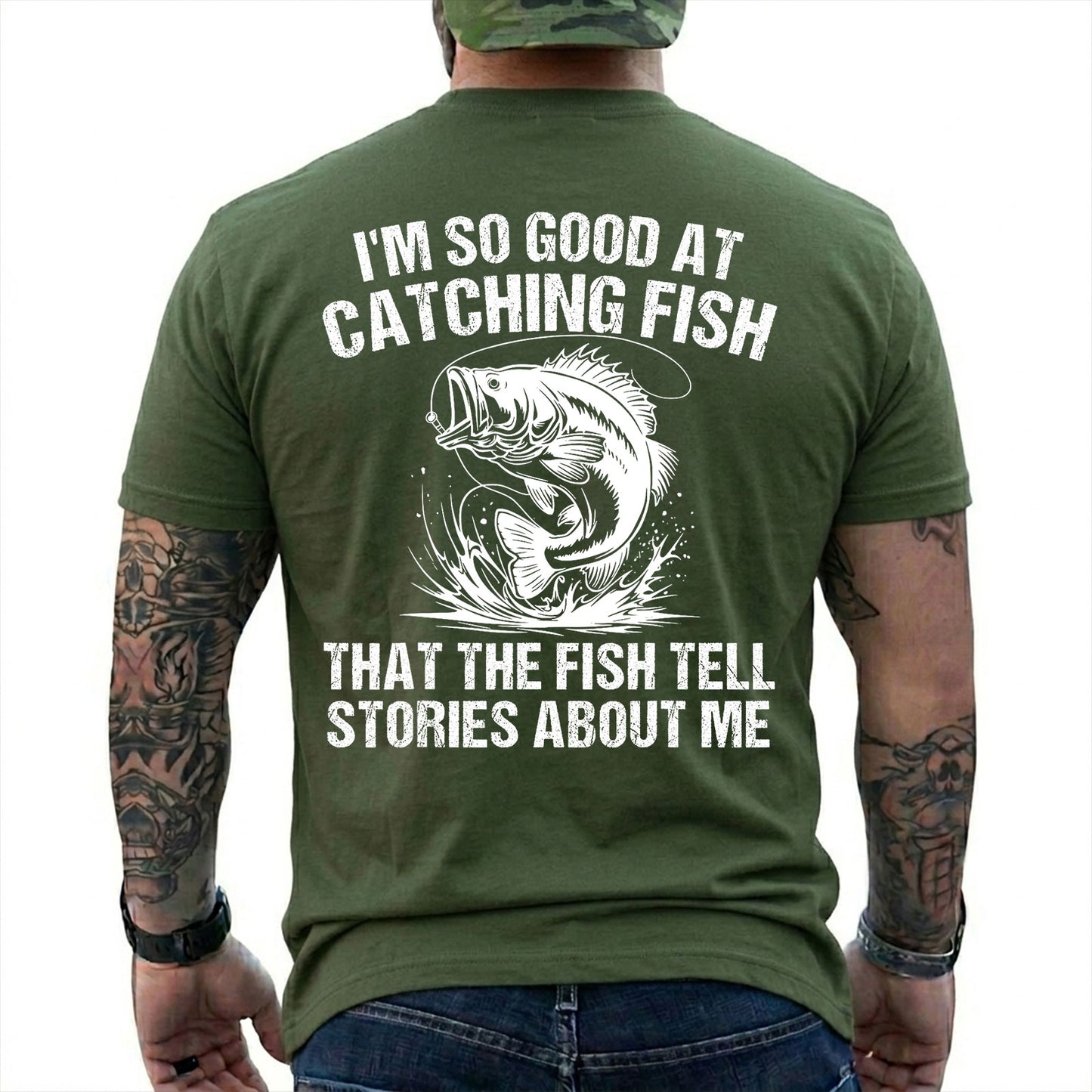Military Green T-shirt back with splashing bass and distressed Fish Tell Stories back graphic