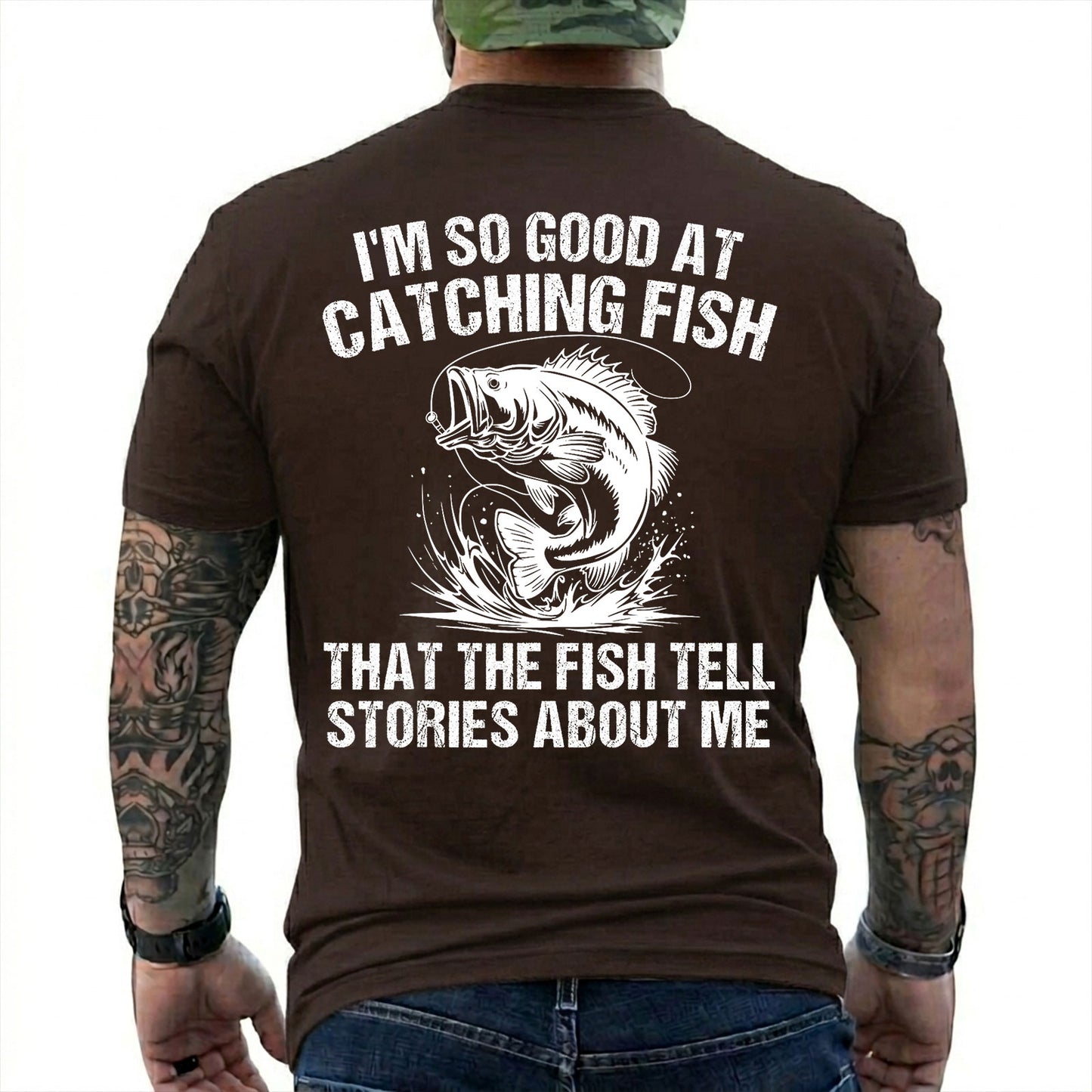 Dark Chocolate T-shirt back with splashing bass and distressed Fish Tell Stories back graphic