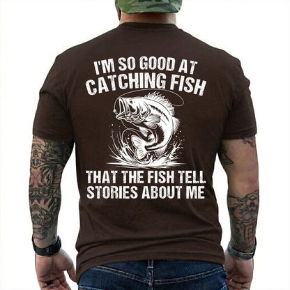 Dark Chocolate T-shirt back with splashing bass and distressed Fish Tell Stories back graphic