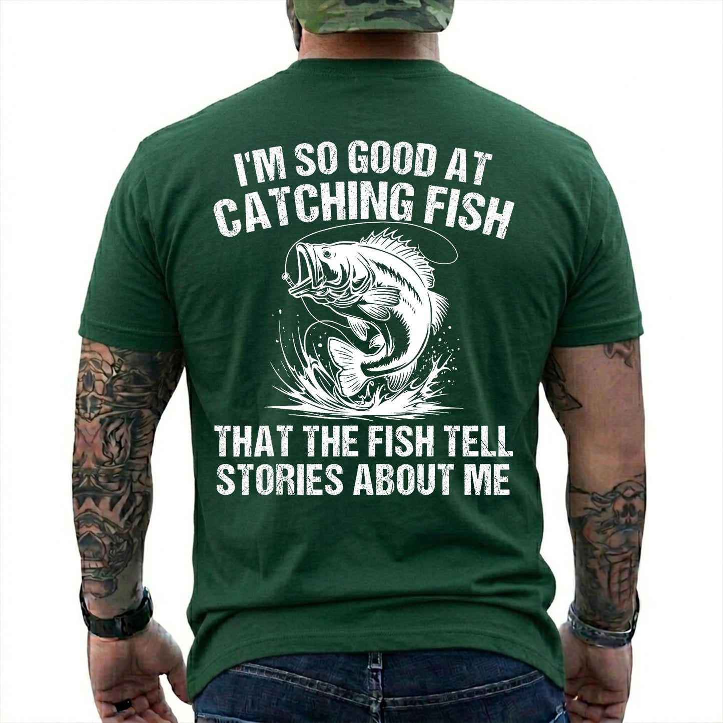 Navy T-shirt back with splashing bass and distressed Fish Tell Stories back graphic