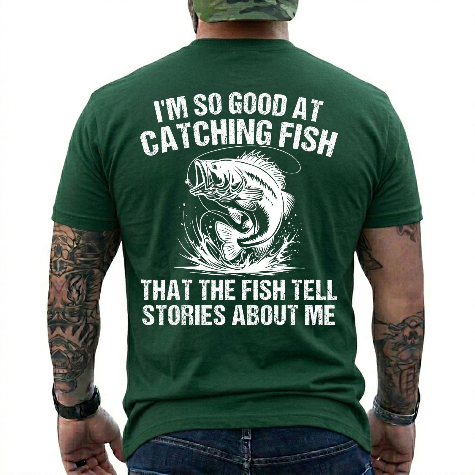 Navy T-shirt back with splashing bass and distressed Fish Tell Stories back graphic