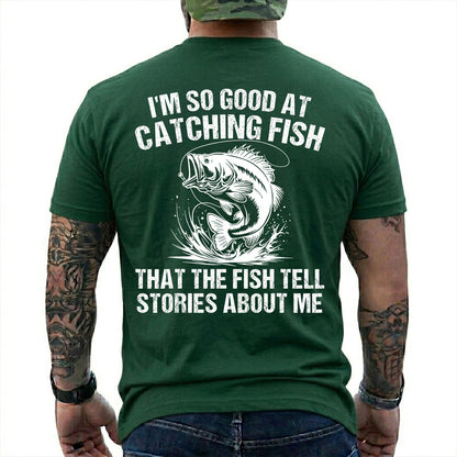 Navy T-shirt back with splashing bass and distressed Fish Tell Stories back graphic