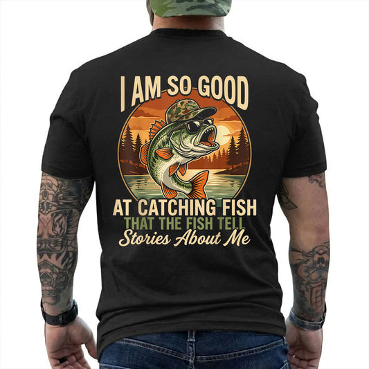Black T-shirt back with jumping bass over a retro lake sunset and Fish Tell Stories back slogan reading 'I AM SO GOOD AT CATCHING FISH THAT THE FISH TELL STORIES ABOUT ME'