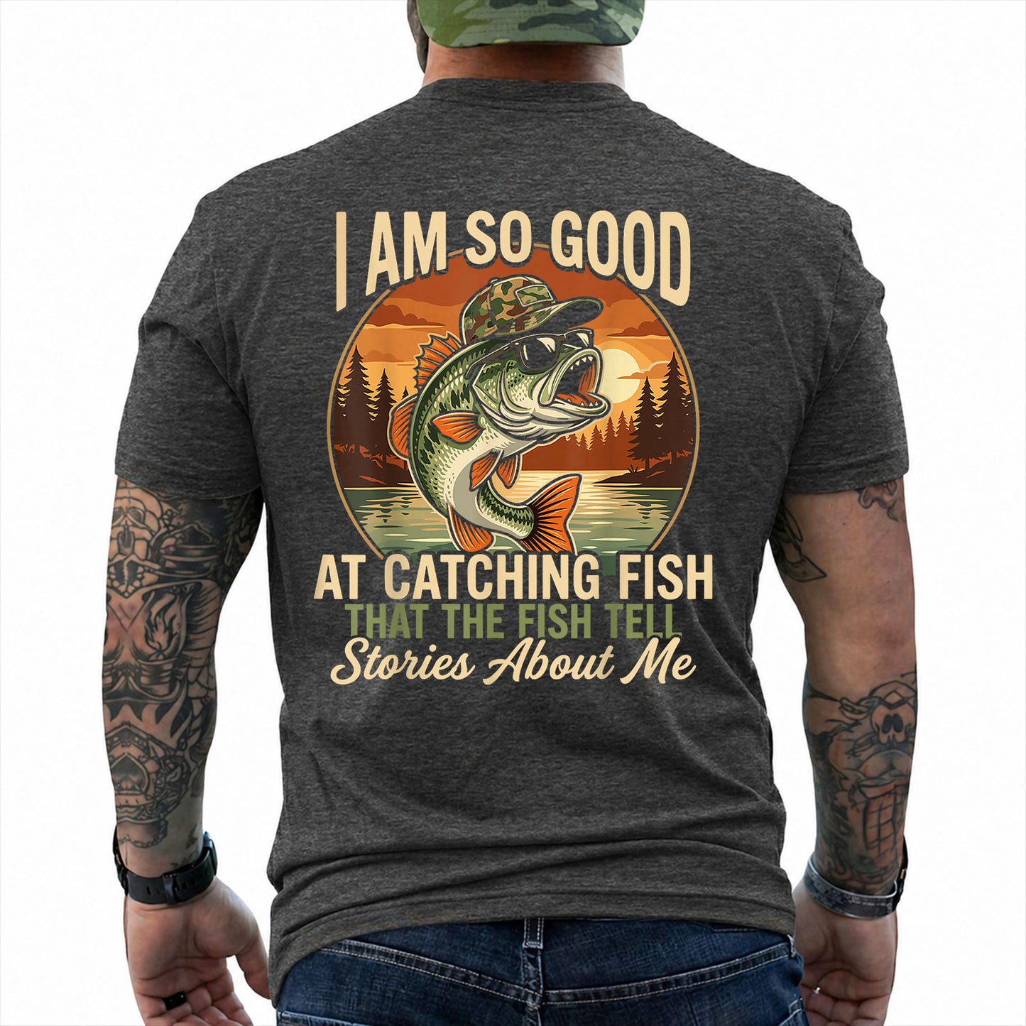 Dark Heather T-shirt back with jumping bass over a retro lake sunset and Fish Tell Stories back slogan