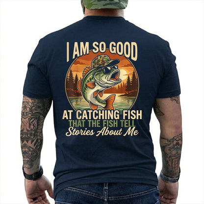 Forest Green T-shirt back with jumping bass over a retro lake sunset and Fish Tell Stories back slogan