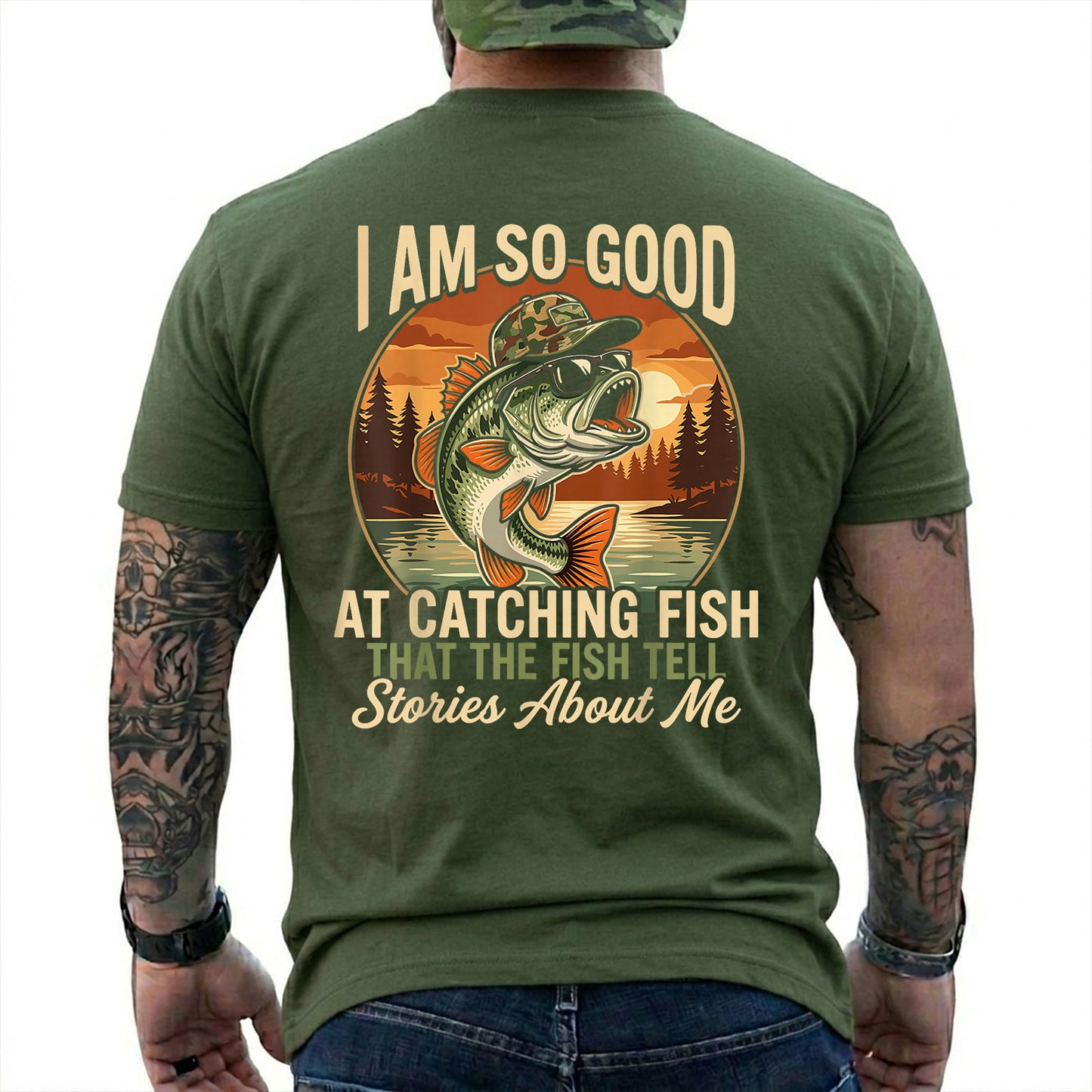 Military Green T-shirt back with jumping bass over a retro lake sunset and Fish Tell Stories back slogan