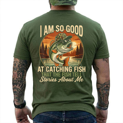 Military Green T-shirt back with jumping bass over a retro lake sunset and Fish Tell Stories back slogan