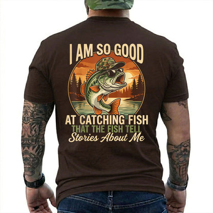 Dark Chocolate T-shirt back with jumping bass over a retro lake sunset and Fish Tell Stories back slogan