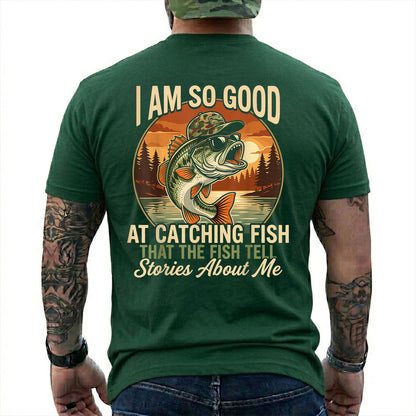 Navy T-shirt back with jumping bass over a retro lake sunset and Fish Tell Stories back slogan