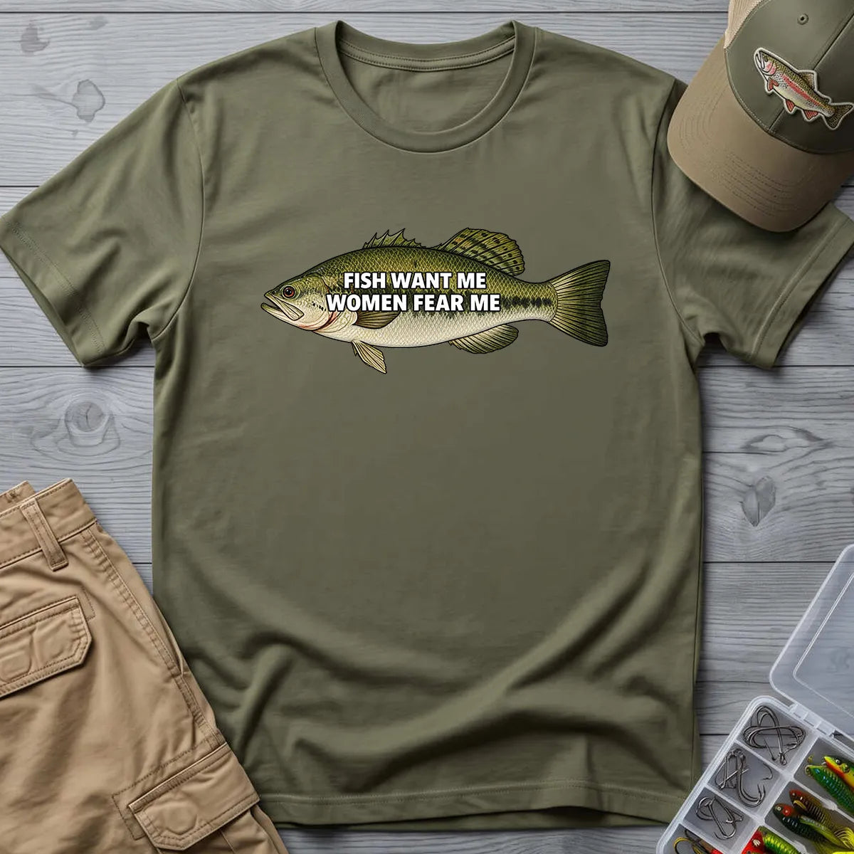 Fish Want Me Women Fear Me T-Shirt in Military Green