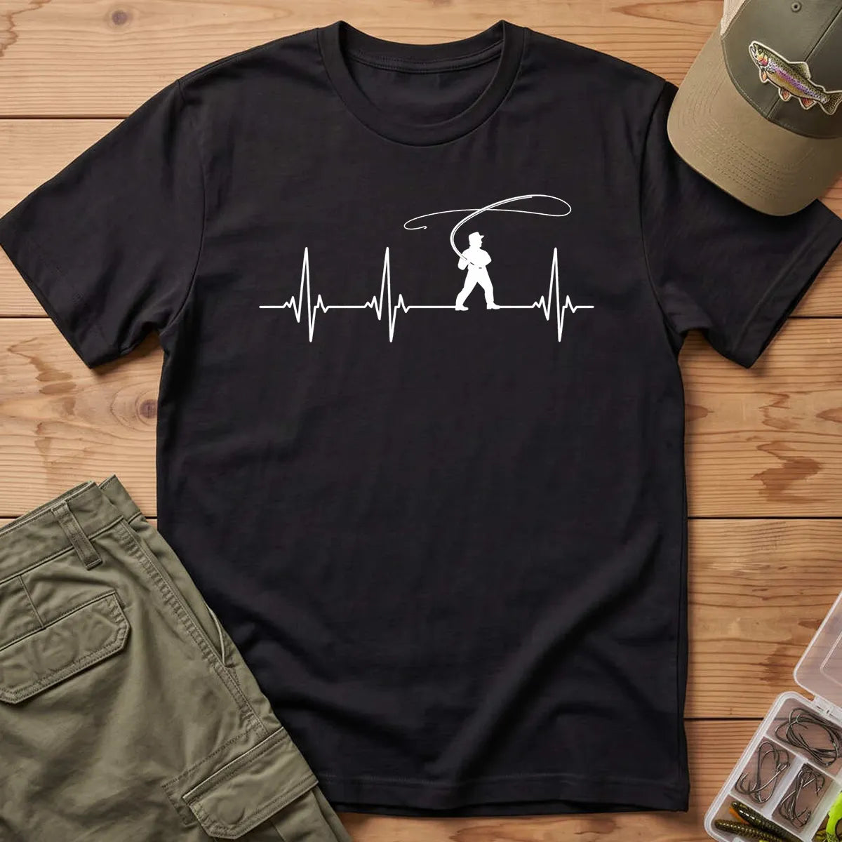 Fisherman Heartbeat T-Shirt in Black