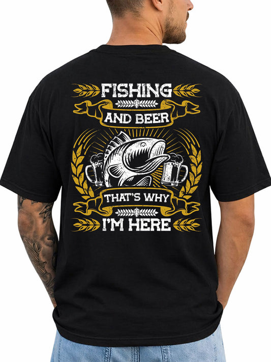 Black T-shirt back with bass and beer mugs reading 'Fishing and Beer That's Why I'm Here'