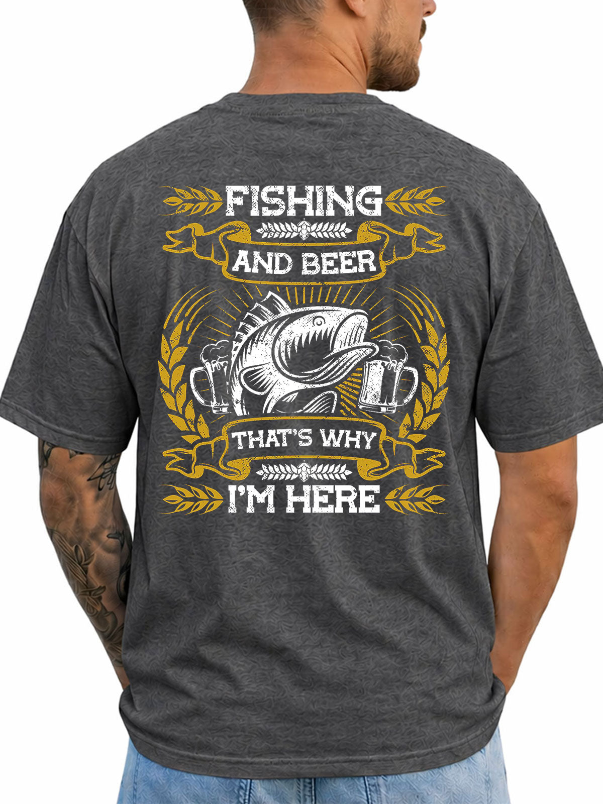 Dark heather T-shirt back with vintage bass, beer mugs, and fishing slogan