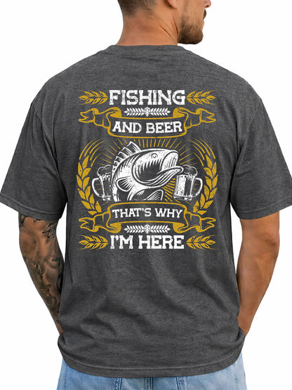 Dark heather T-shirt back with vintage bass, beer mugs, and fishing slogan