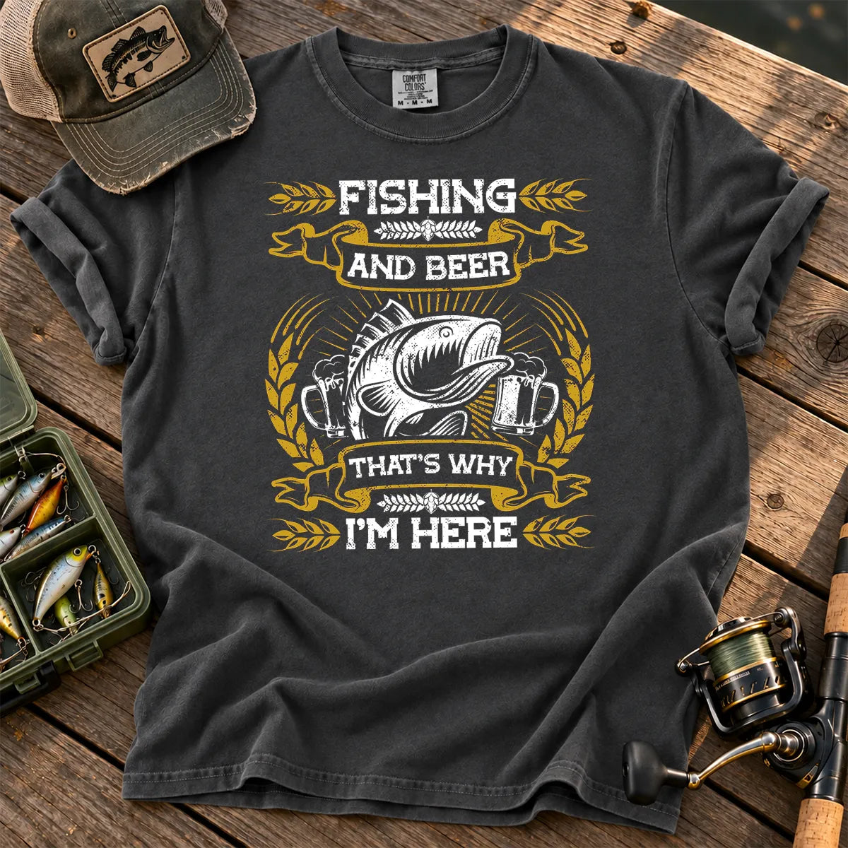Fishing and Beer That's Why I'm Here T-Shirt in Pepper