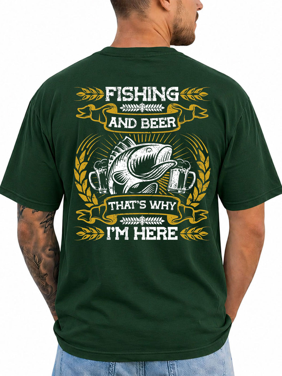 Forest green T-shirt back with distressed bass fishing and beer artwork