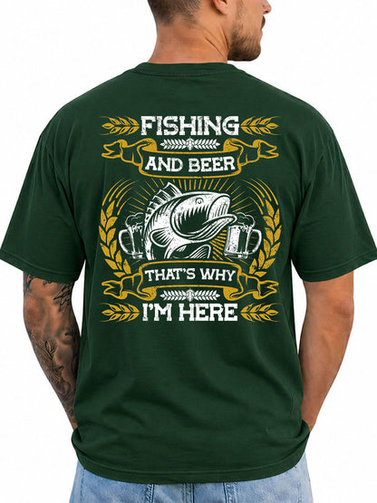 Forest green T-shirt back with distressed bass fishing and beer artwork