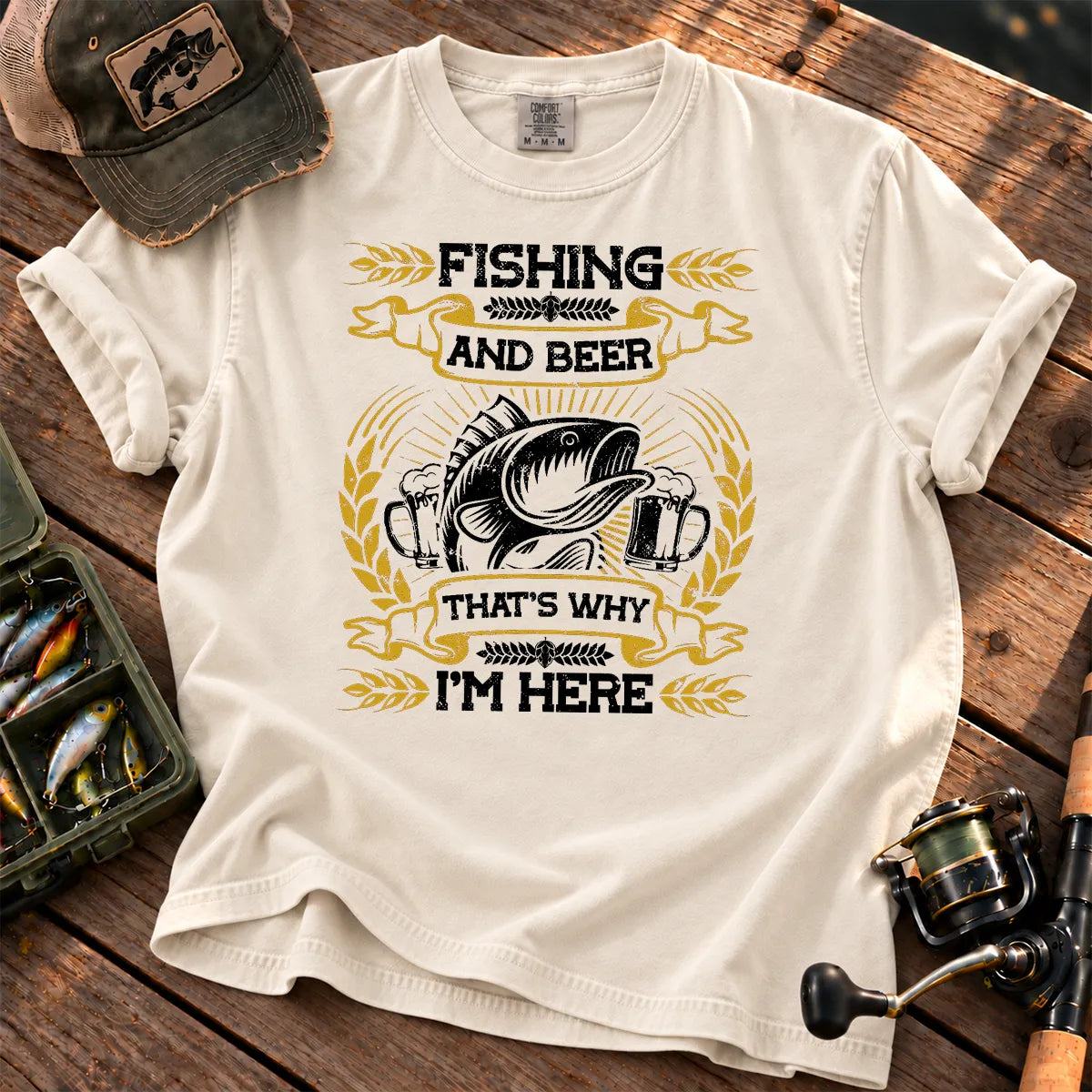 Fishing and Beer That's Why I'm Here T-Shirt in Ivory