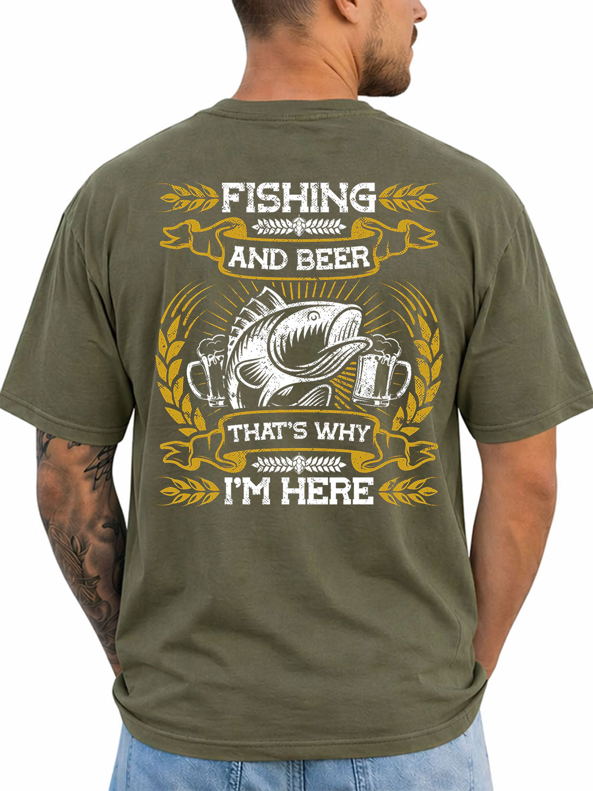 Military green T-shirt back with bass, beer mugs, and gold sunburst design