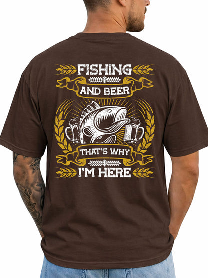 Dark chocolate T-shirt back with vintage fishing and beer slogan graphic