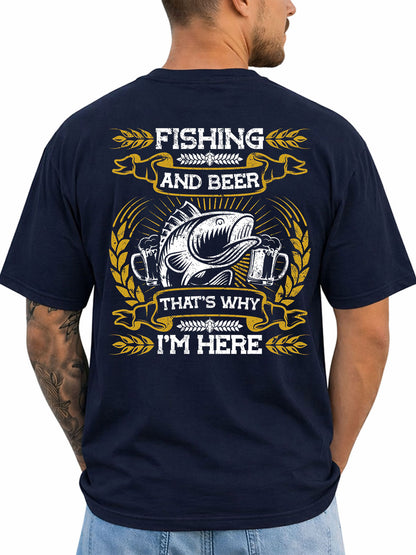 Navy T-shirt back with white and gold bass and beer-mug illustration