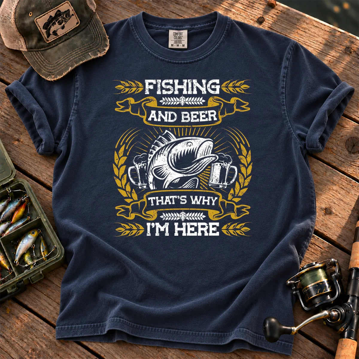 Fishing and Beer That's Why I'm Here T-Shirt in True Navy