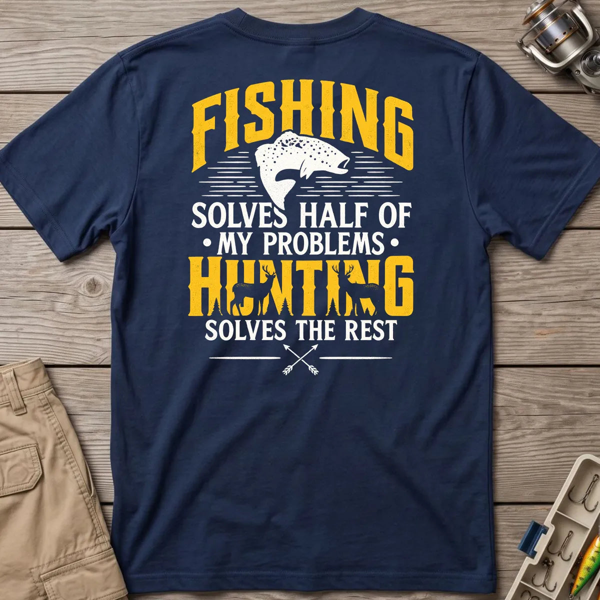 Fishing and Hunting Solve My Problems T-Shirt in Navy