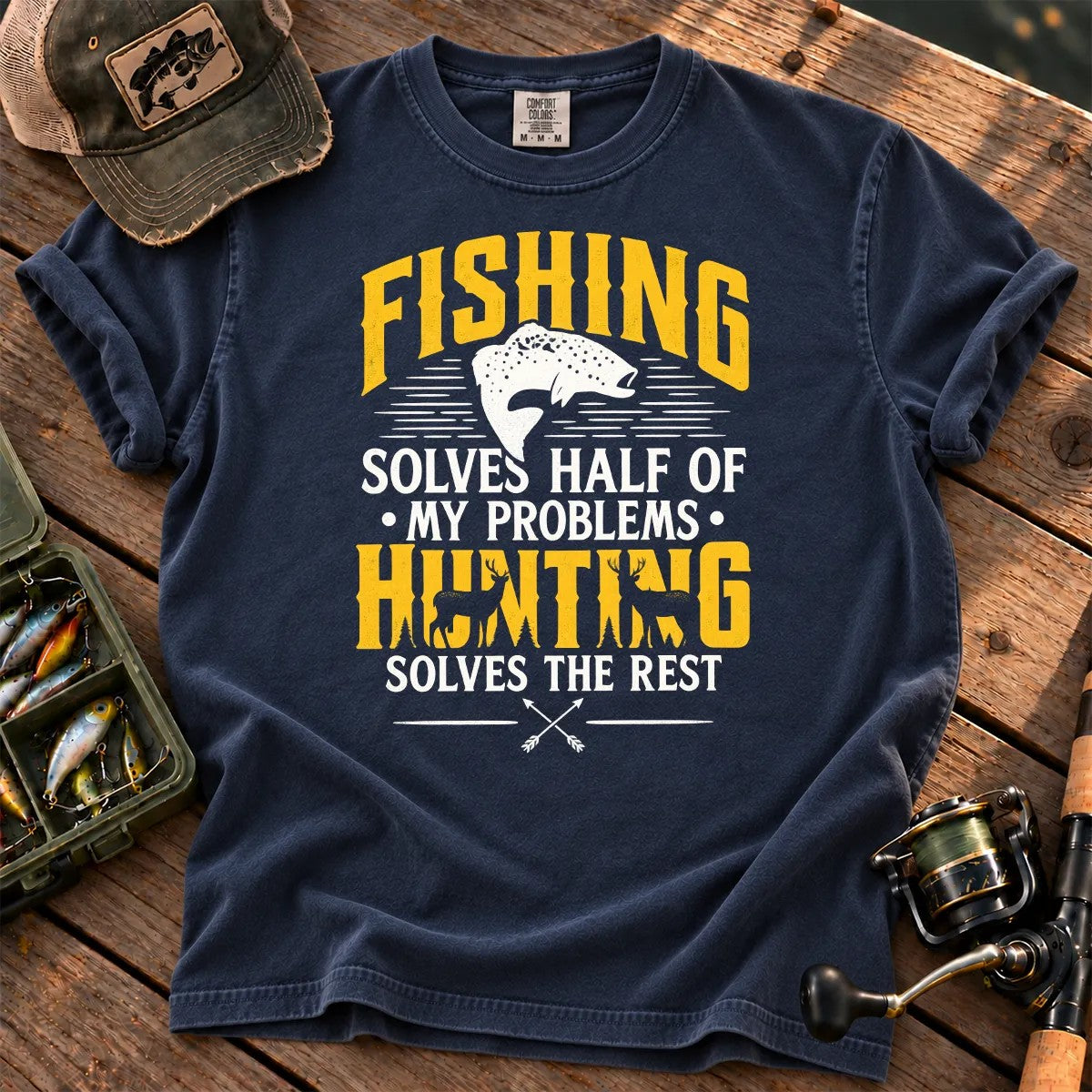Fishing and Hunting Solve My Problems T-Shirt in True Navy