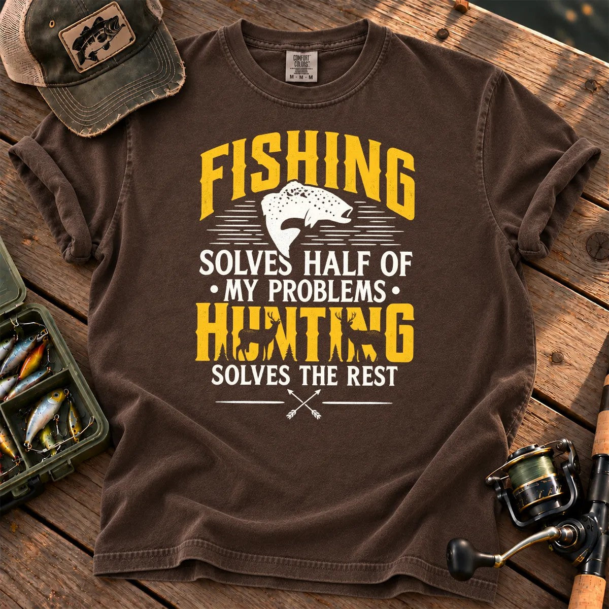 Fishing and Hunting Solve My Problems T-Shirt in Espresso