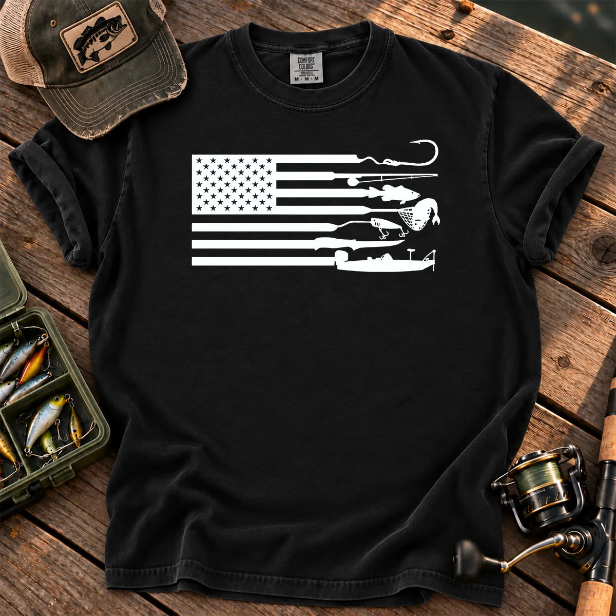Fishing Gear American Flag T-Shirt in Black
