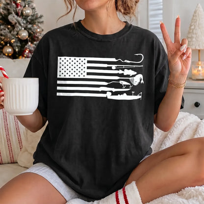 Fishing Gear American Flag T-Shirt Women model in Black