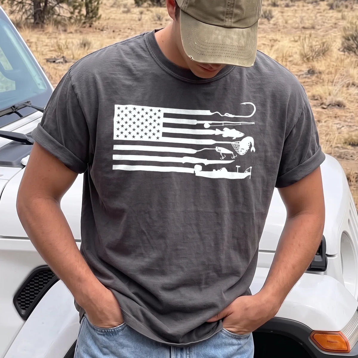 Fishing Gear American Flag T-Shirt Men model in Pepper