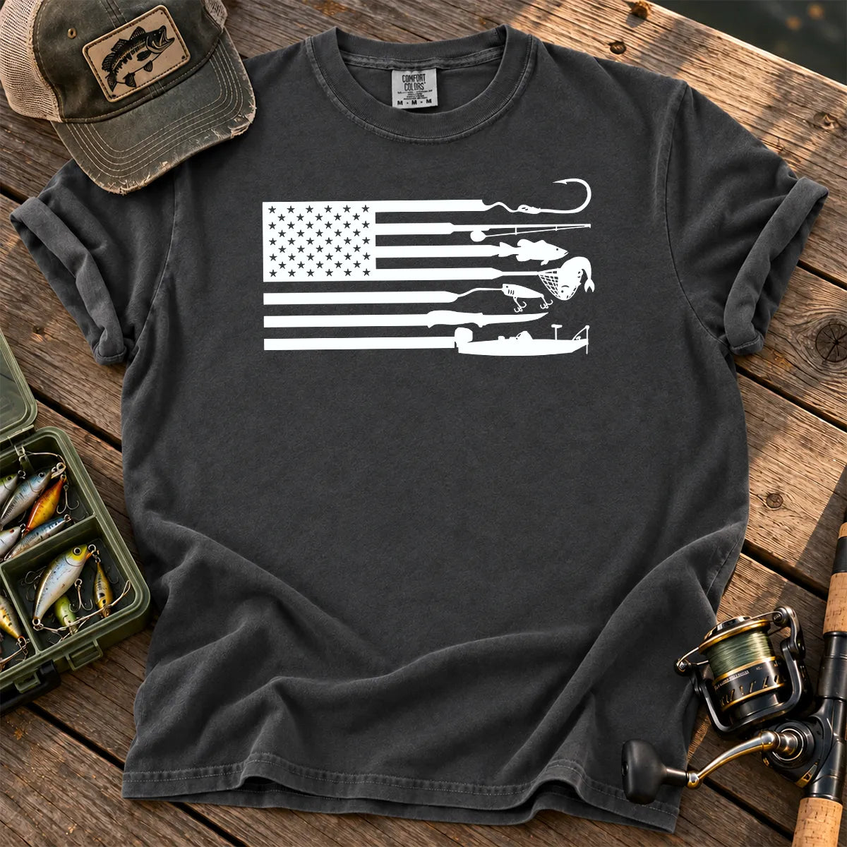 Fishing Gear American Flag T-Shirt in Pepper