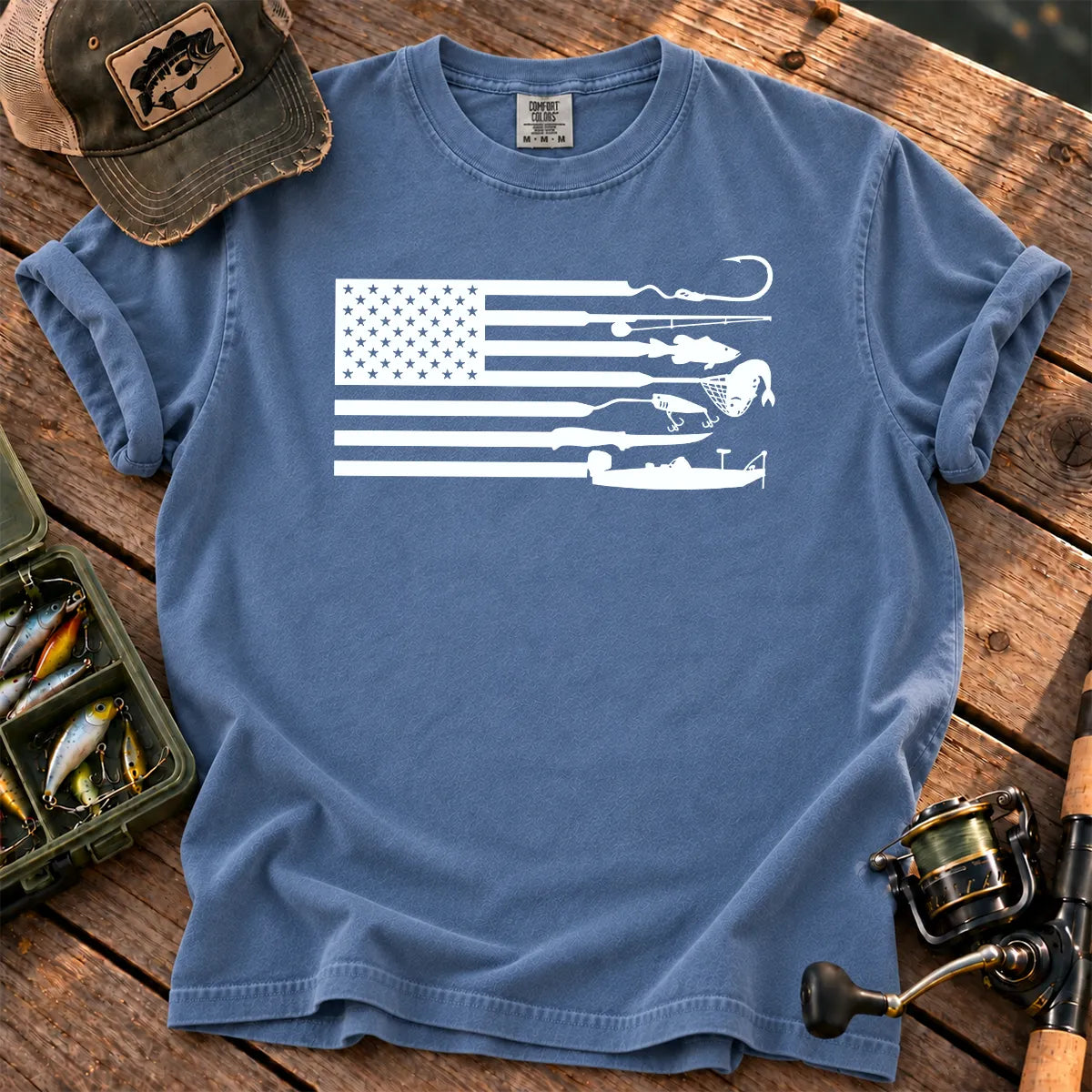 Fishing Gear American Flag T-Shirt in Blue Jean