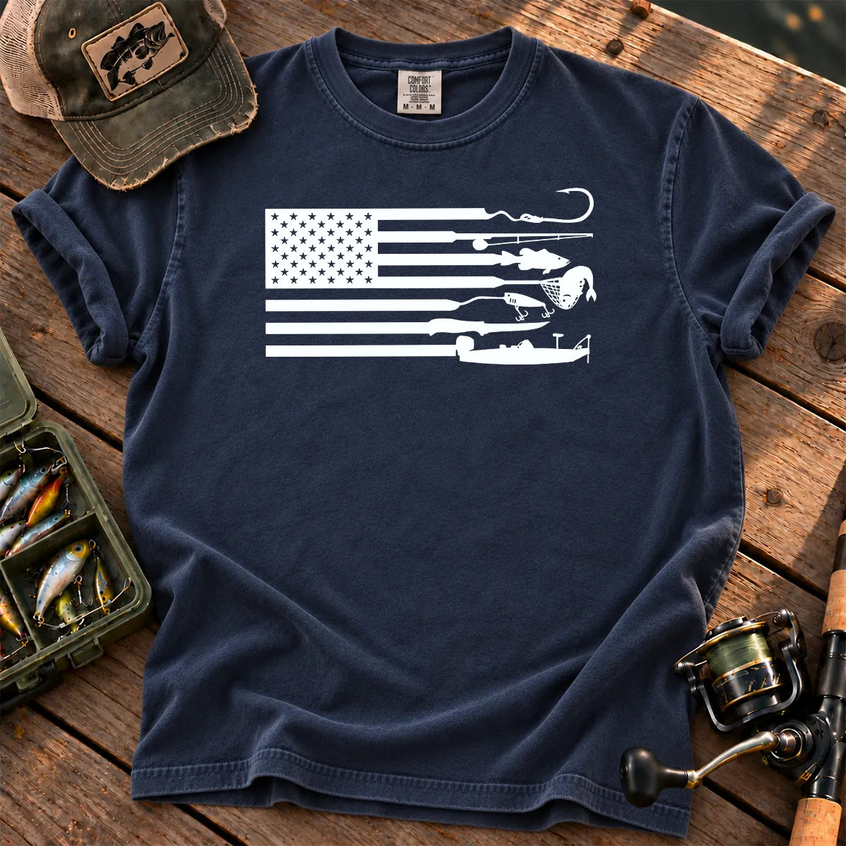 Fishing Gear American Flag T-Shirt in True Navy