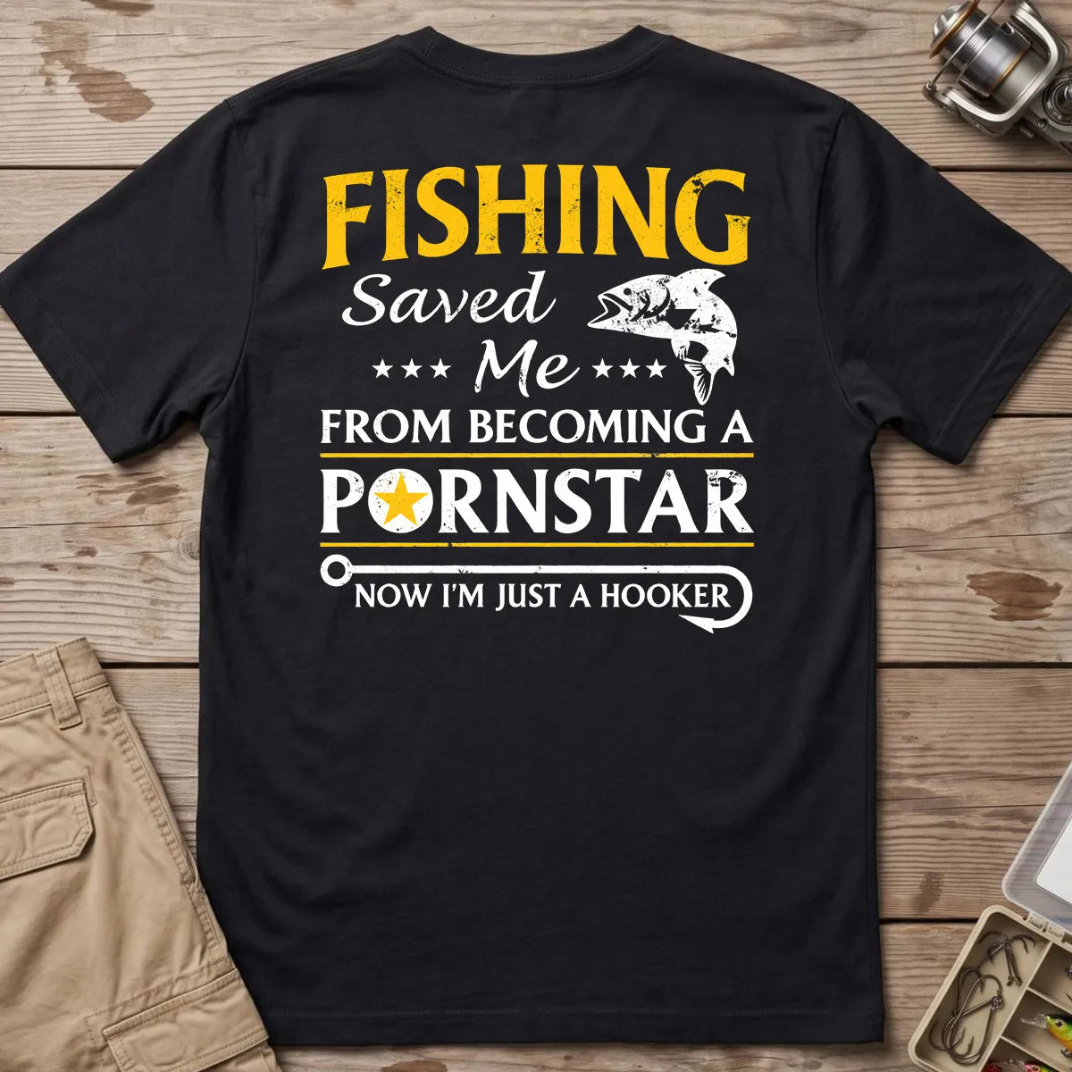 Fishing Hooker Joke T-Shirt in Black