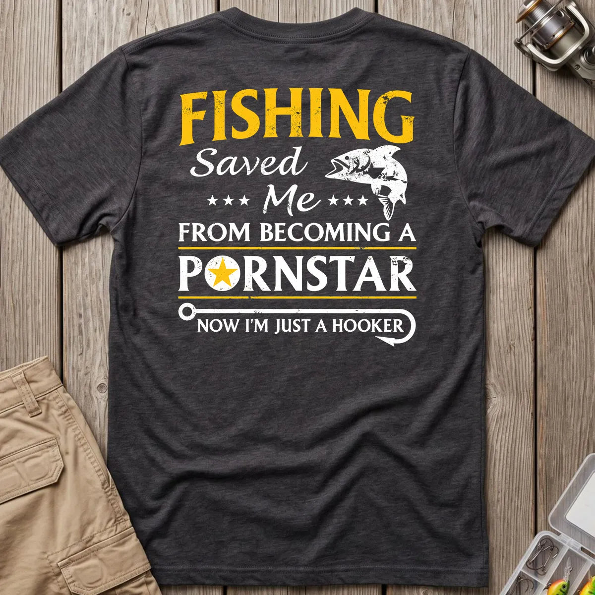 Fishing Hooker Joke T-Shirt in Dark Heather