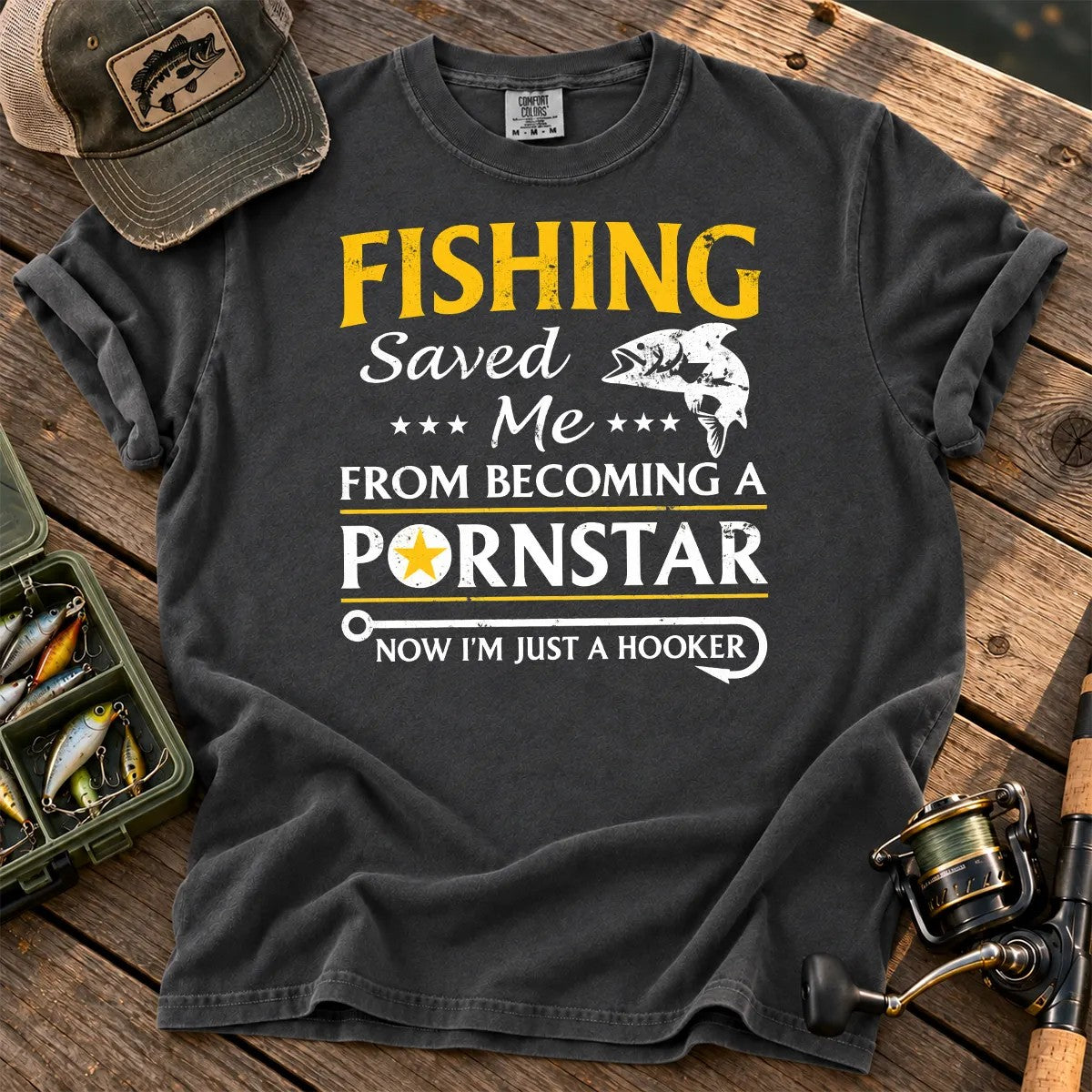 Fishing Hooker Joke T-Shirt in Pepper