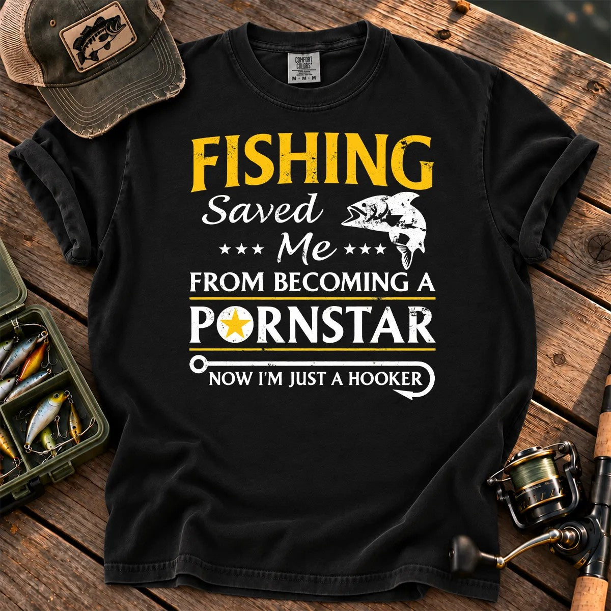 Fishing Hooker Joke T-Shirt in Black