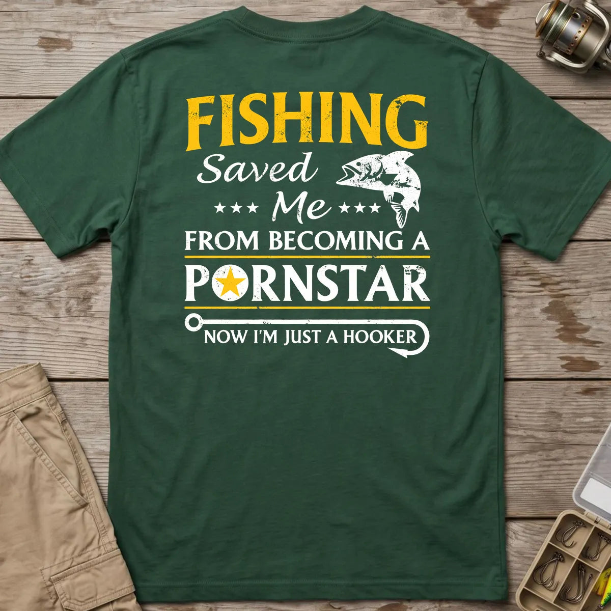 Fishing Hooker Joke T-Shirt in Forest Green