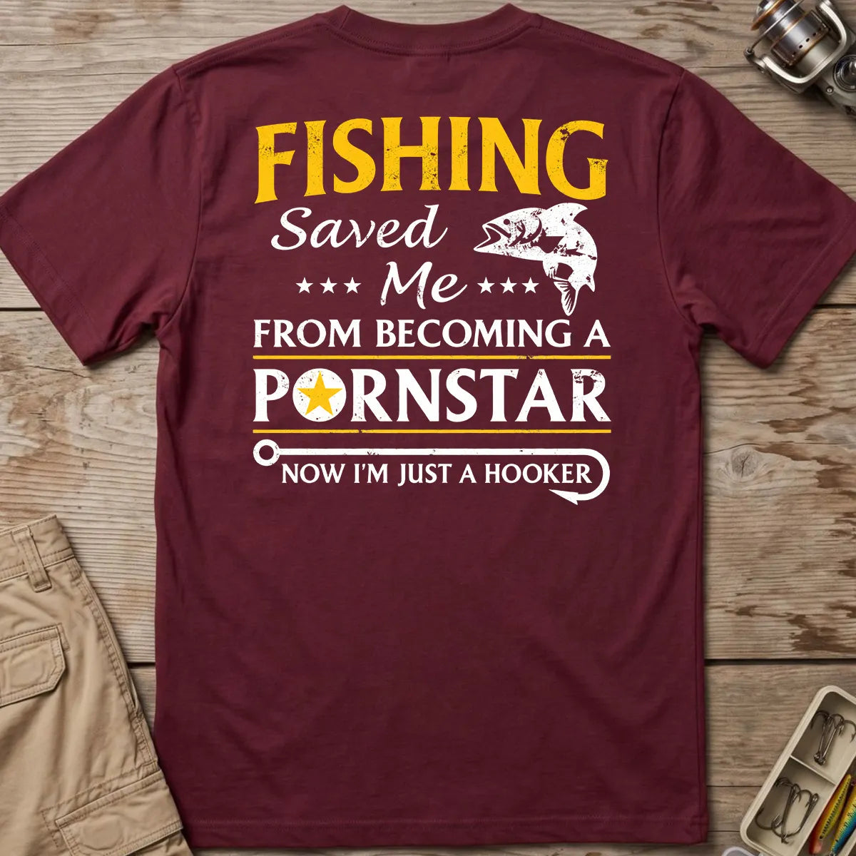 Fishing Hooker Joke T-Shirt in Maroon