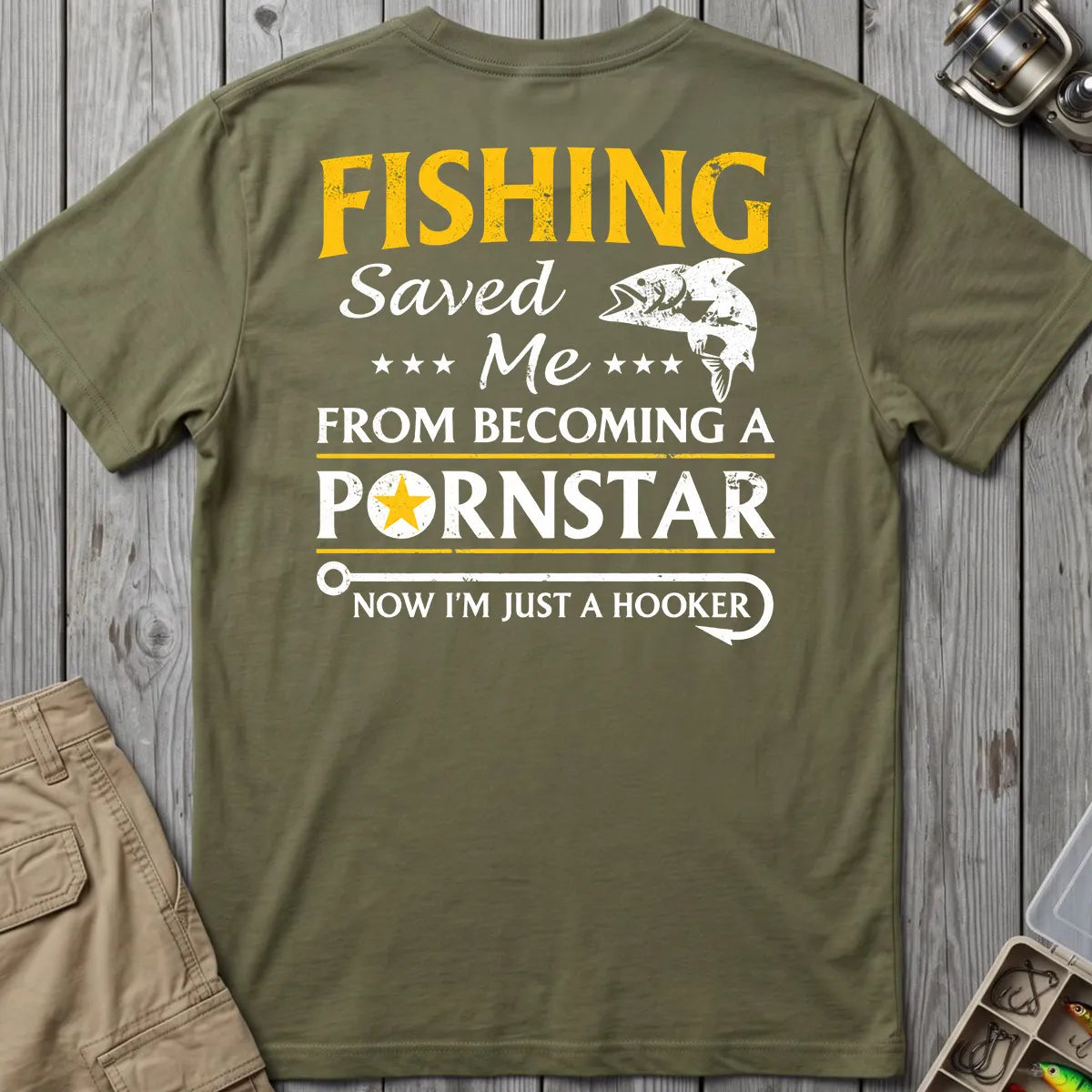 Fishing Hooker Joke T-Shirt in Military Green