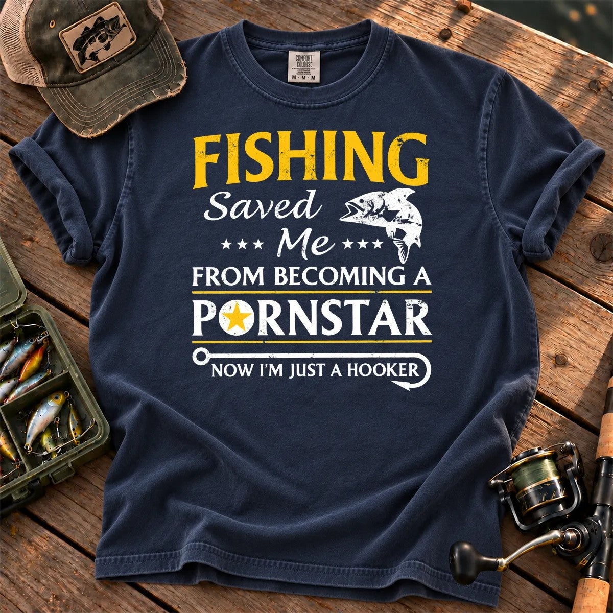 Fishing Hooker Joke T-Shirt in True Navy