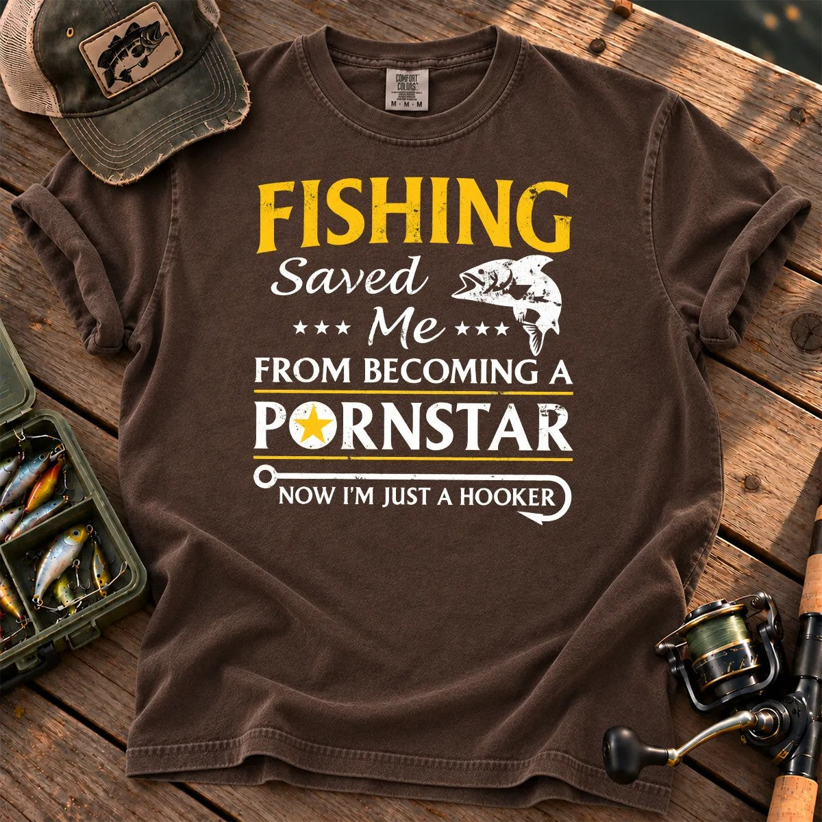 Fishing Hooker Joke T-Shirt in Espresso