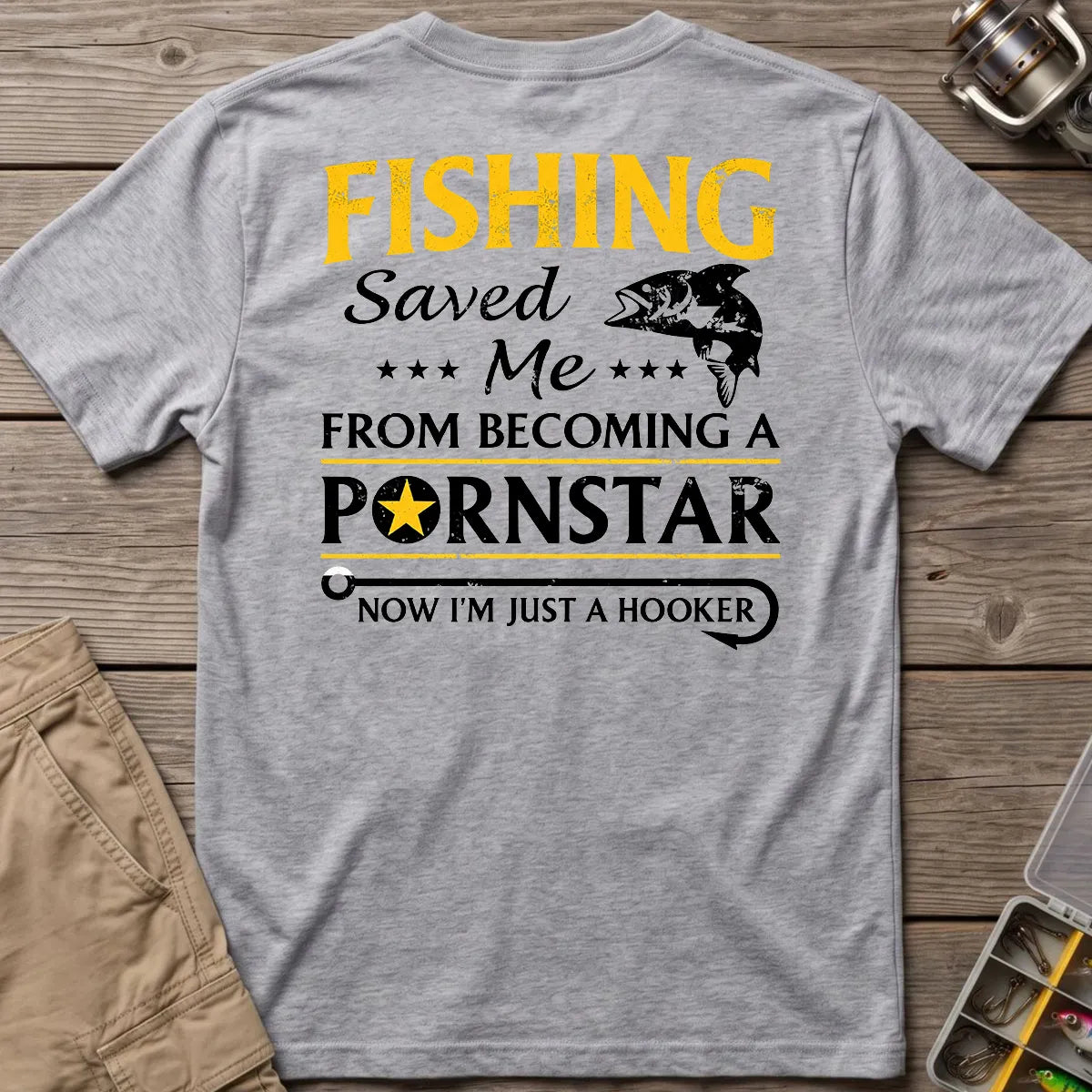 Fishing Hooker Joke T-Shirt in Sport Grey
