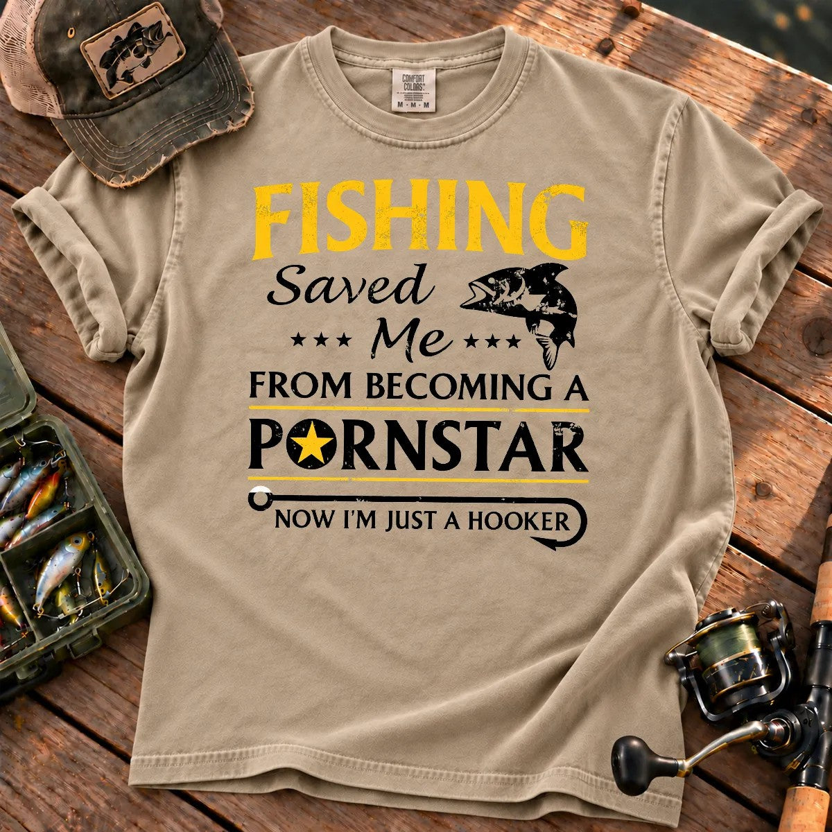 Fishing Hooker Joke T-Shirt in Sandstone
