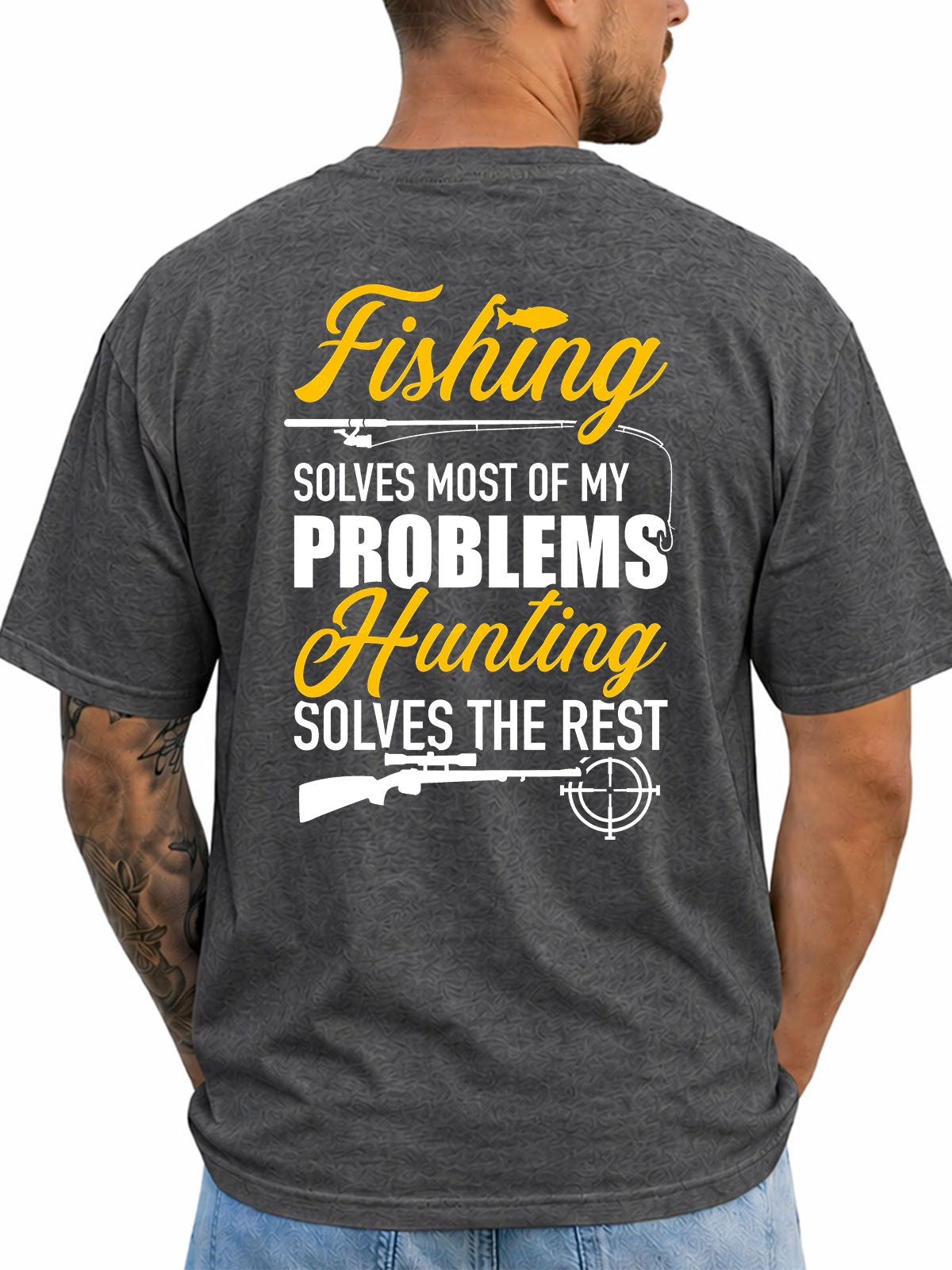 Dark heather T-shirt back with fishing rod, hook, rifle, and outdoor slogan