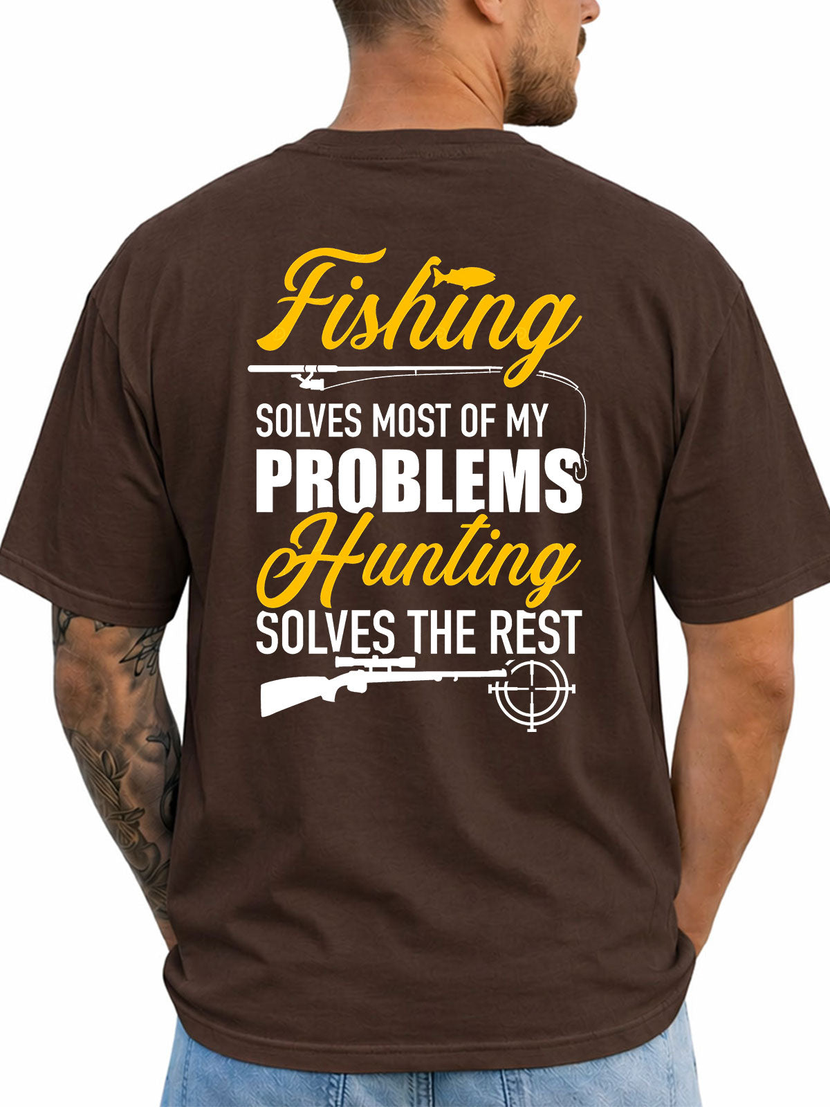 Dark chocolate T-shirt back with fishing hook and hunting rifle artwork