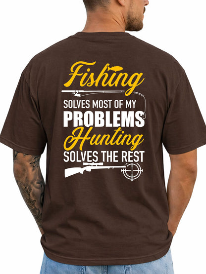 Dark chocolate T-shirt back with fishing hook and hunting rifle artwork